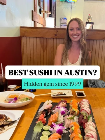 Reel cover: a guest in a Midori wood booth with a slate of sushi, sashimi and rolls